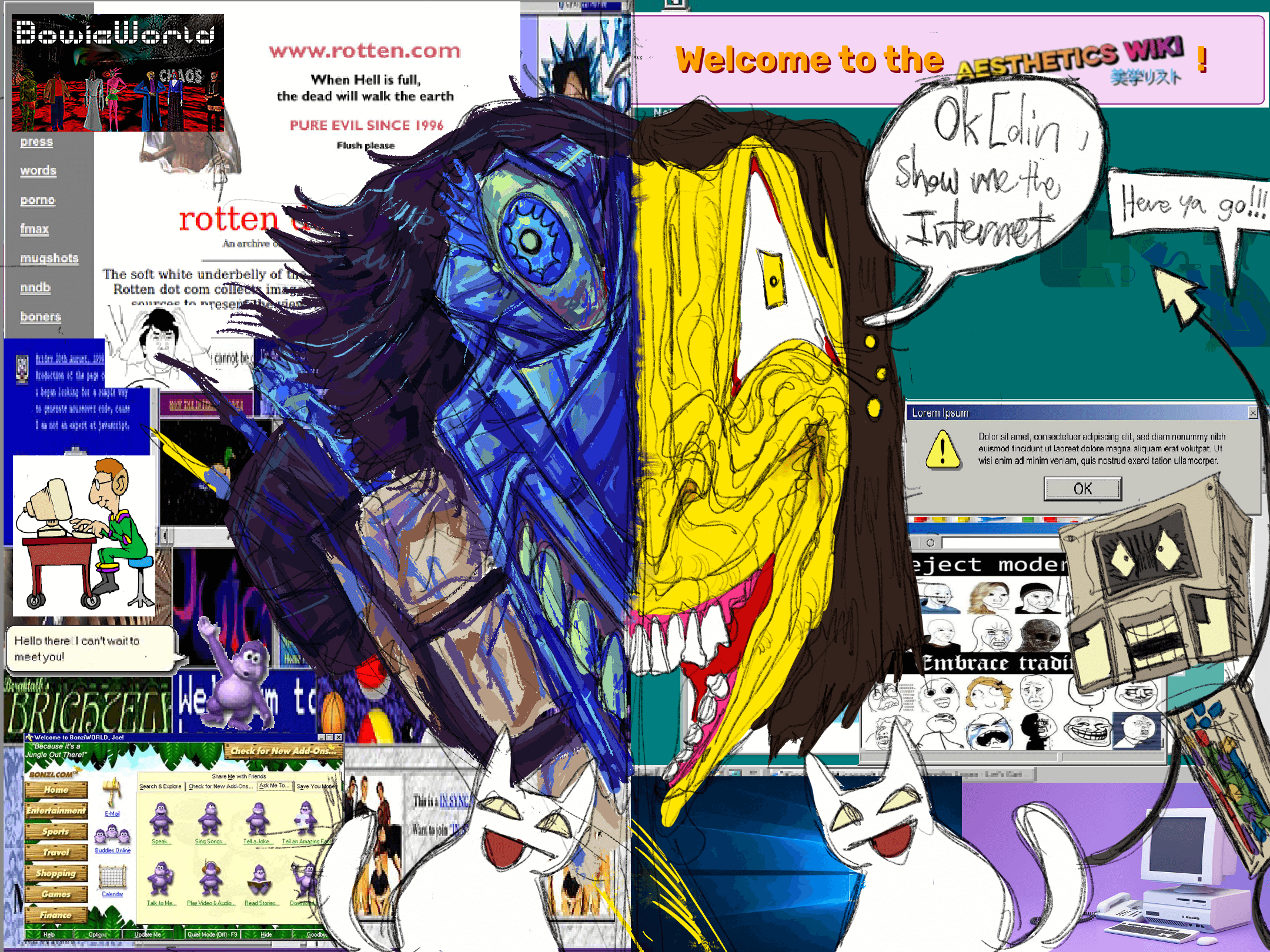 ENA (from the webseries of the same name) flying through two different eras of the internet, her face being front and center. The blue side is facing the left, the background's corresponding side showing images of the old web, such as rotten.com, Bonzi Buddy, clipart of a nerd on a computer, etc. ENA's blue side is much more rendered than her yellow side. The right side of the piece has generic images representing the web, spare the meme urging the viewer to reject the modernity of Wojaks and embrace the tradition of Rage Faces. ENA's yellow face requests, 'Okay Colin, show me the internet'. Colin the Computer from Don't Hug Me I'm Scared replies with, 'Here ya go!!'. There are two awesome faced geometric cats on the left and right sides of the piece.